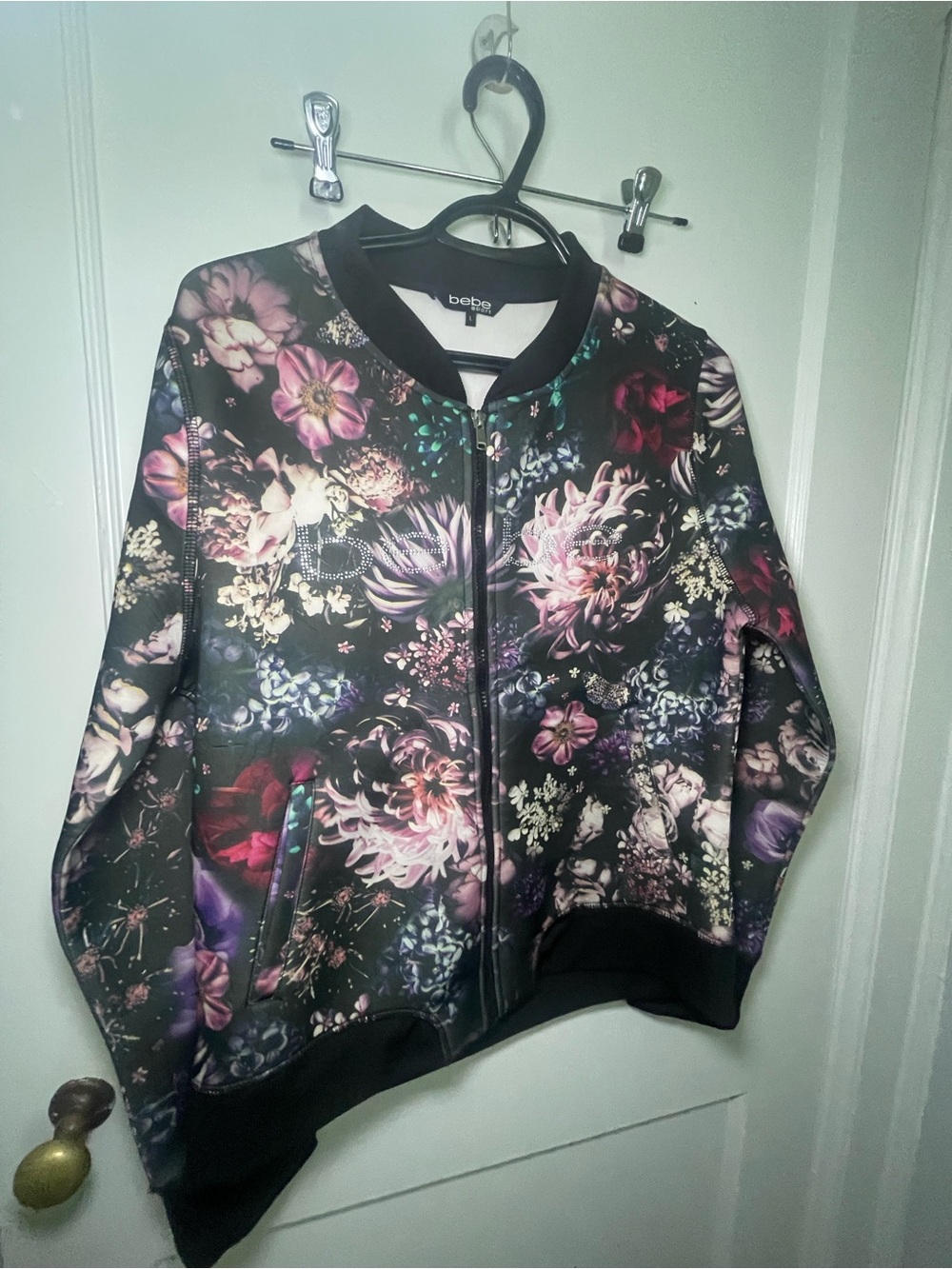 bebe Black Floral Bomber Jacket with Pink & Purple Blooms